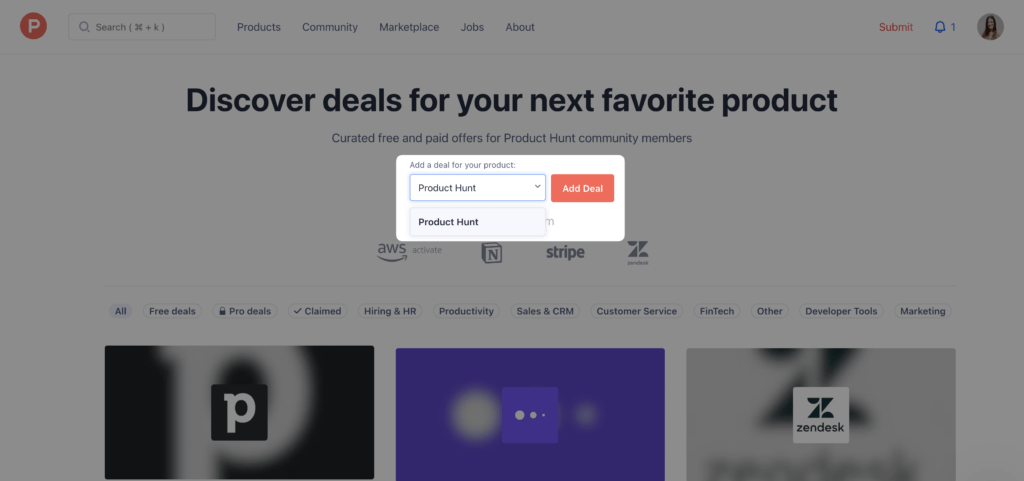 Post a deal on the Product Hunt Marketplace - Step 1