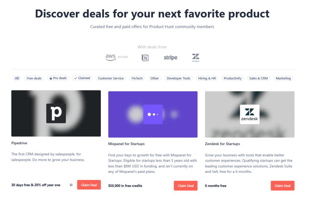 Product Hunt Deals Marketplace - claim deals and offers