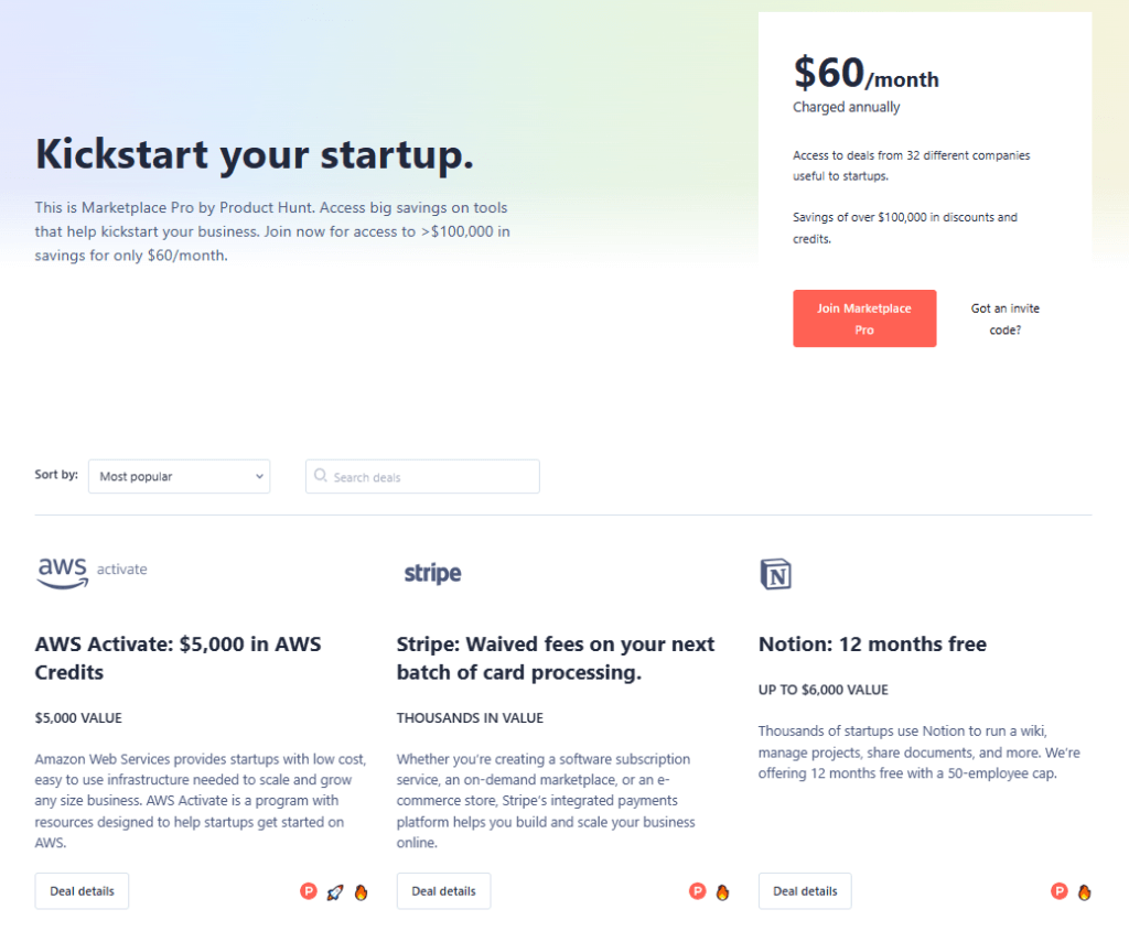 Product Hunt Deals Marketplace - the Pro option shows paid for deals.